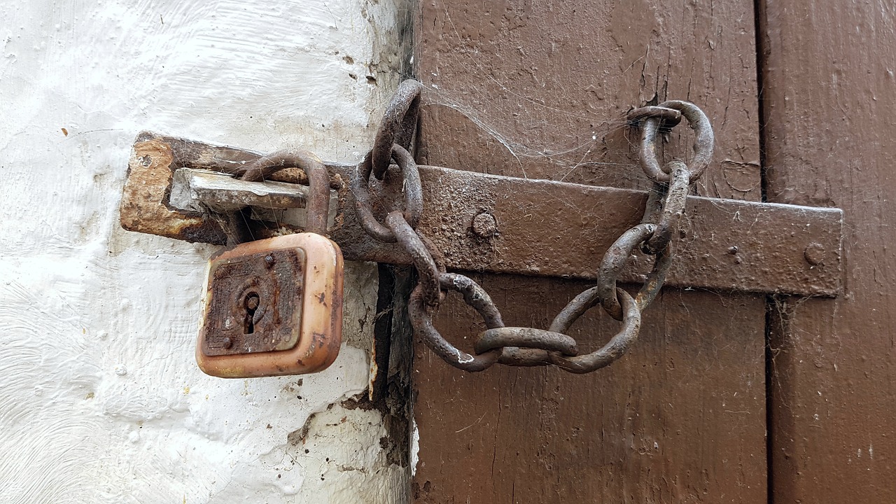 Rusted old lock and chain in a wooden door so unused it has spider webs.