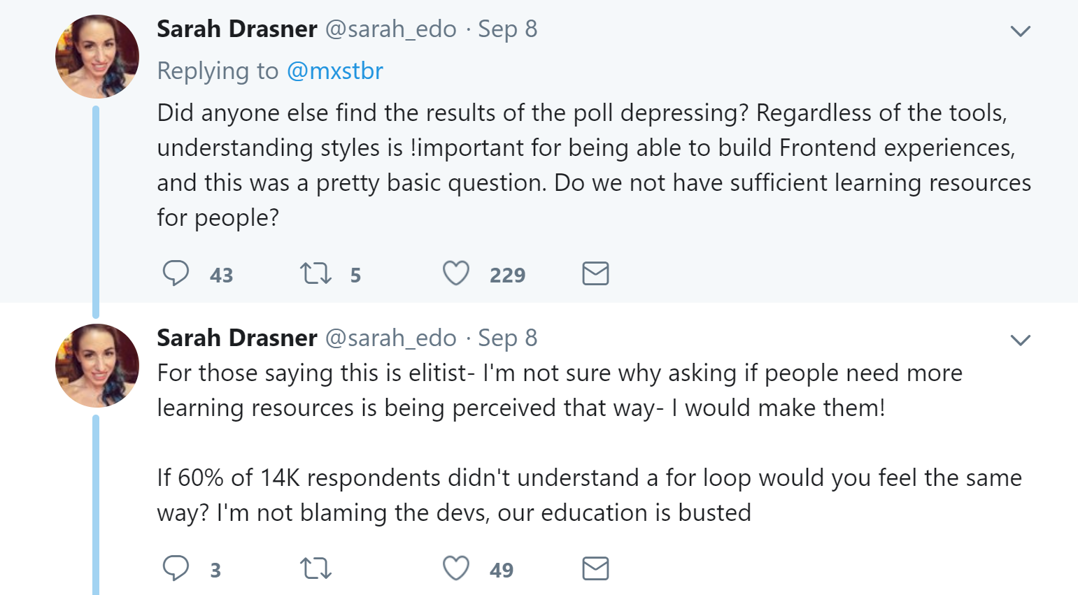 Image of tweet by Sarah Drassner suggesting a better approach is needed for education, offering to help make the resources required.