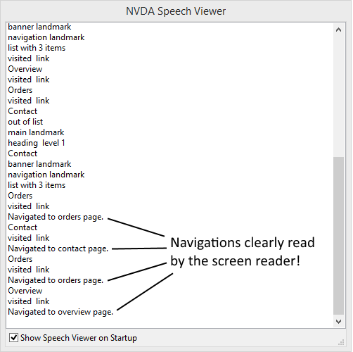 Image of NVDA text to speech screen clearly showing navigation information