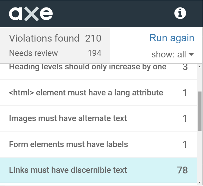 Screen capture of aXe audit in browser.