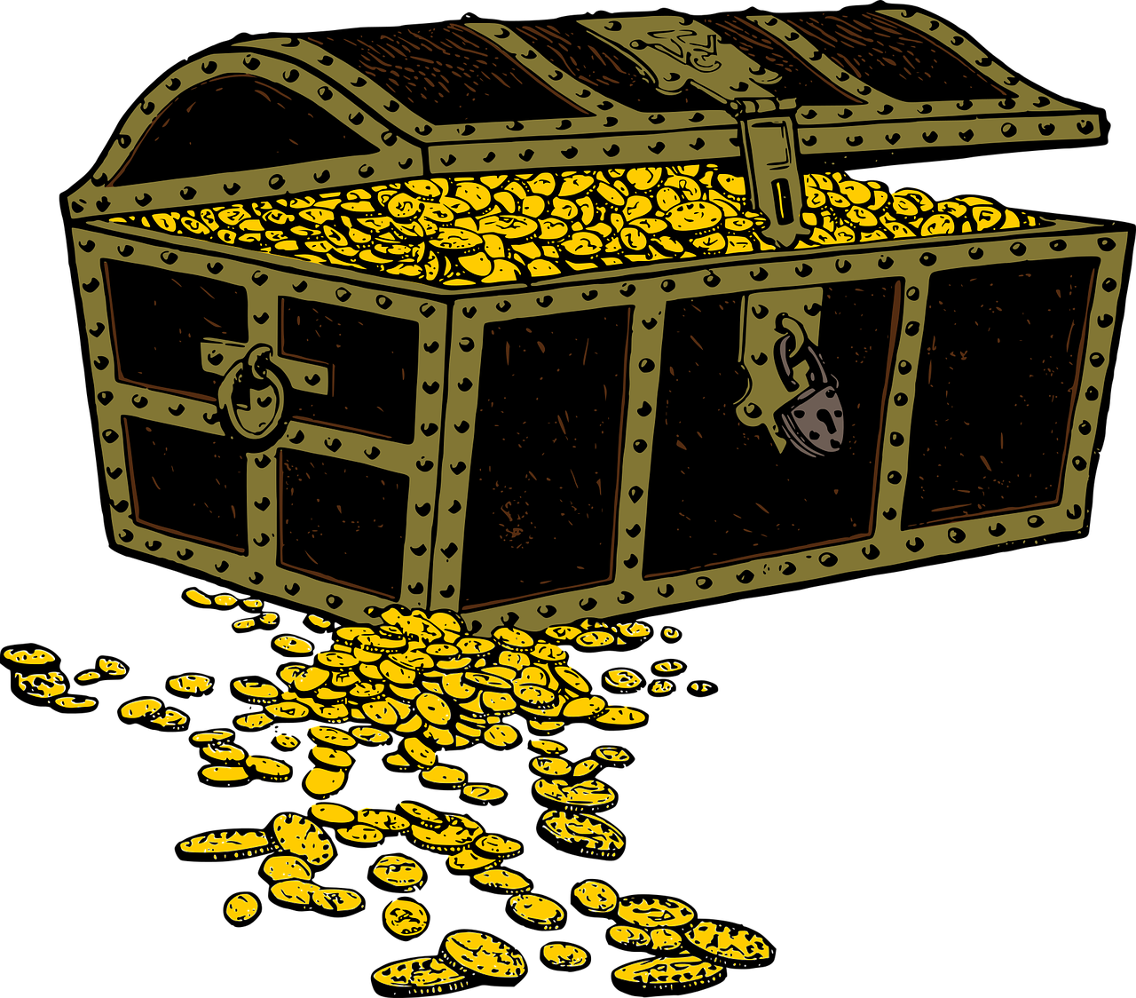 Treasure chest spilling gold.